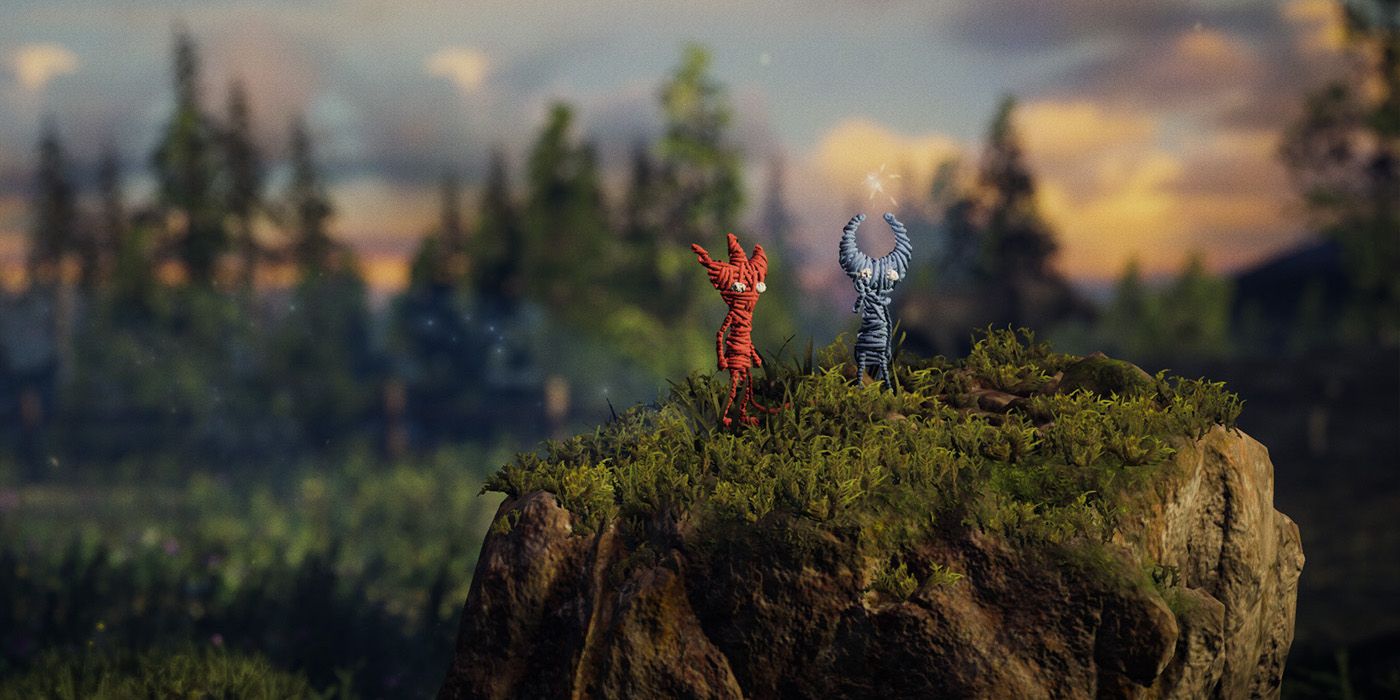 Red and Blue Yarny gazing into the distance in Unravel Two