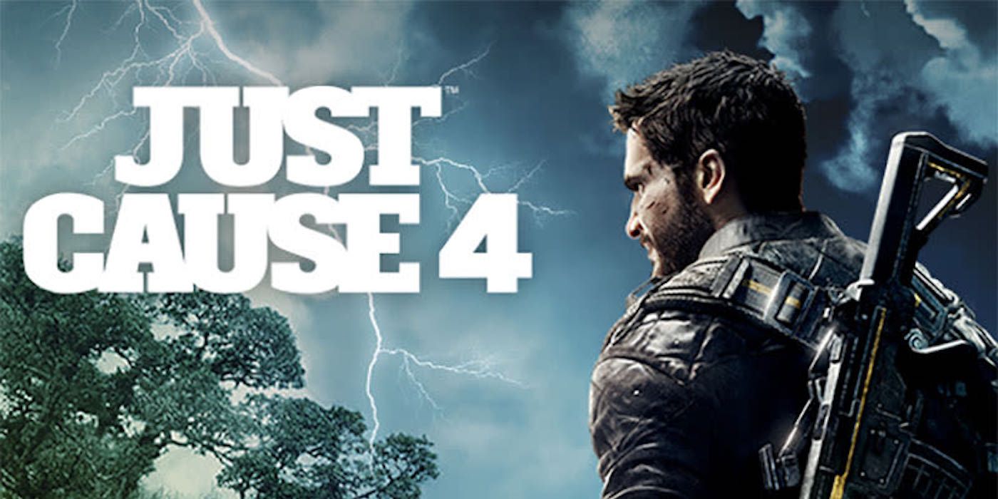 Just Cause 4 title card featuring Rico Rodriguez in a stormy environment.