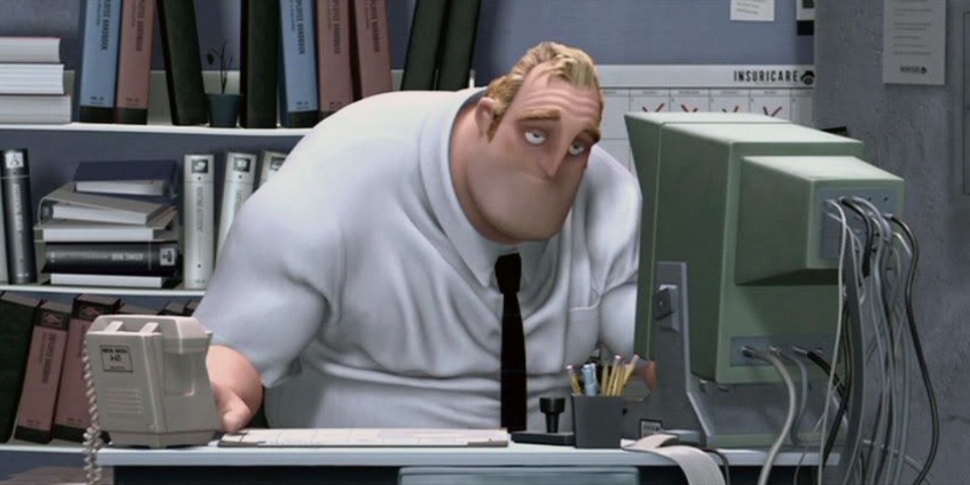 Mr. Incredible looking tired while at work in The Incredibles