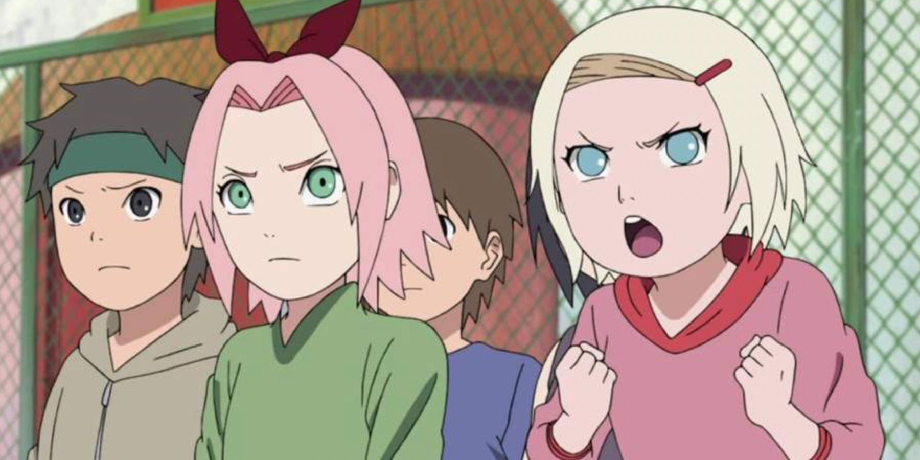 A young Sakura and Ino stand together during a Naruto flashback