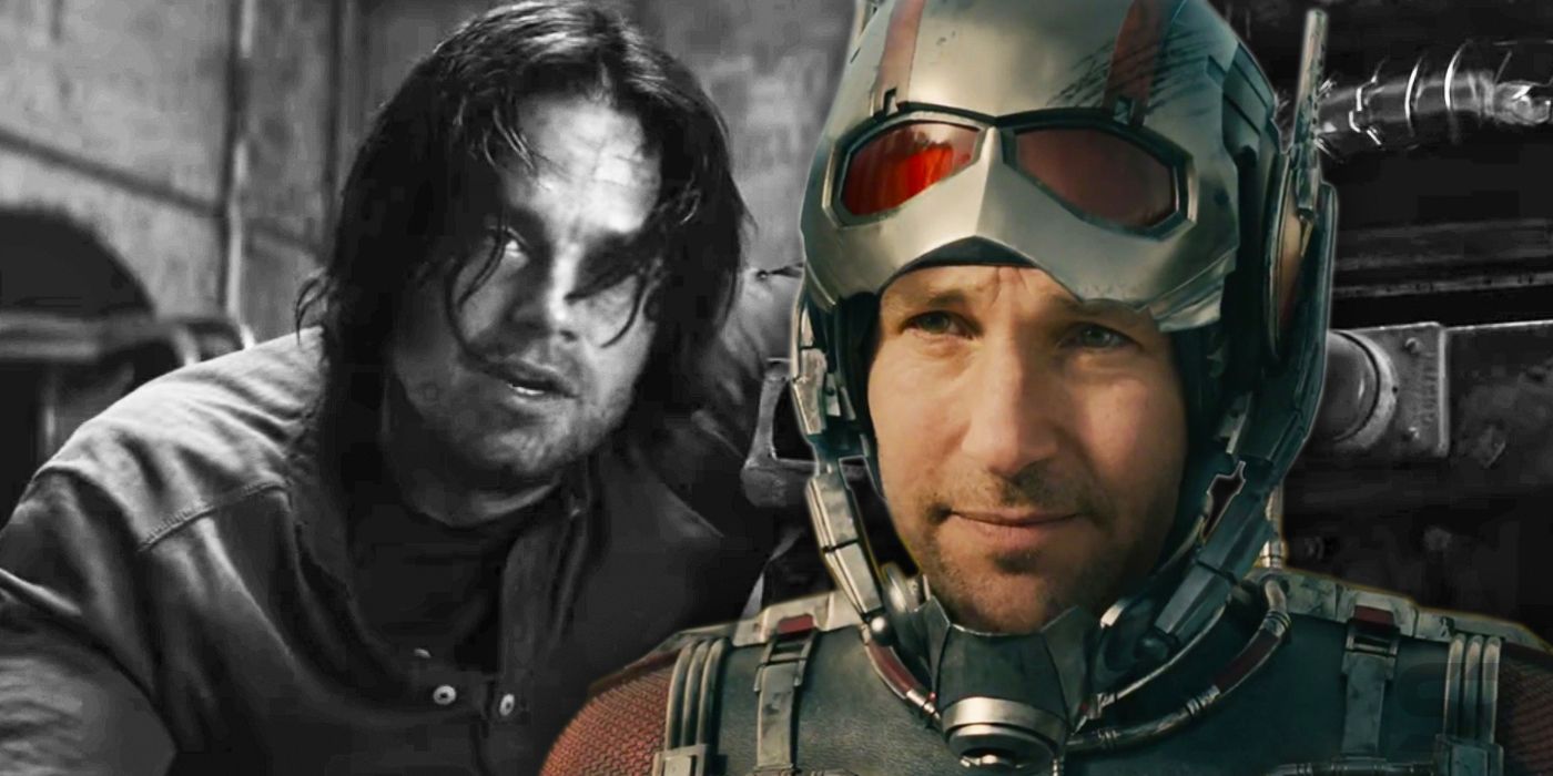Split Image: Buck Barnes (Sebastian Stan) in Civil War;  Ant-Man (Paul Rudd) greets Sam Wilson