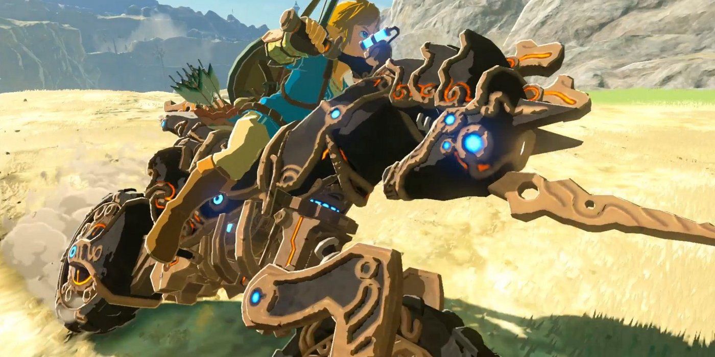 Link riding the Master Cycle Zero in Breath of the Wild.