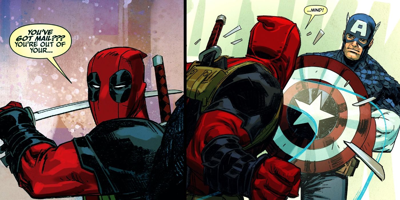 Deadpool's sword smashing on Cap's Shield