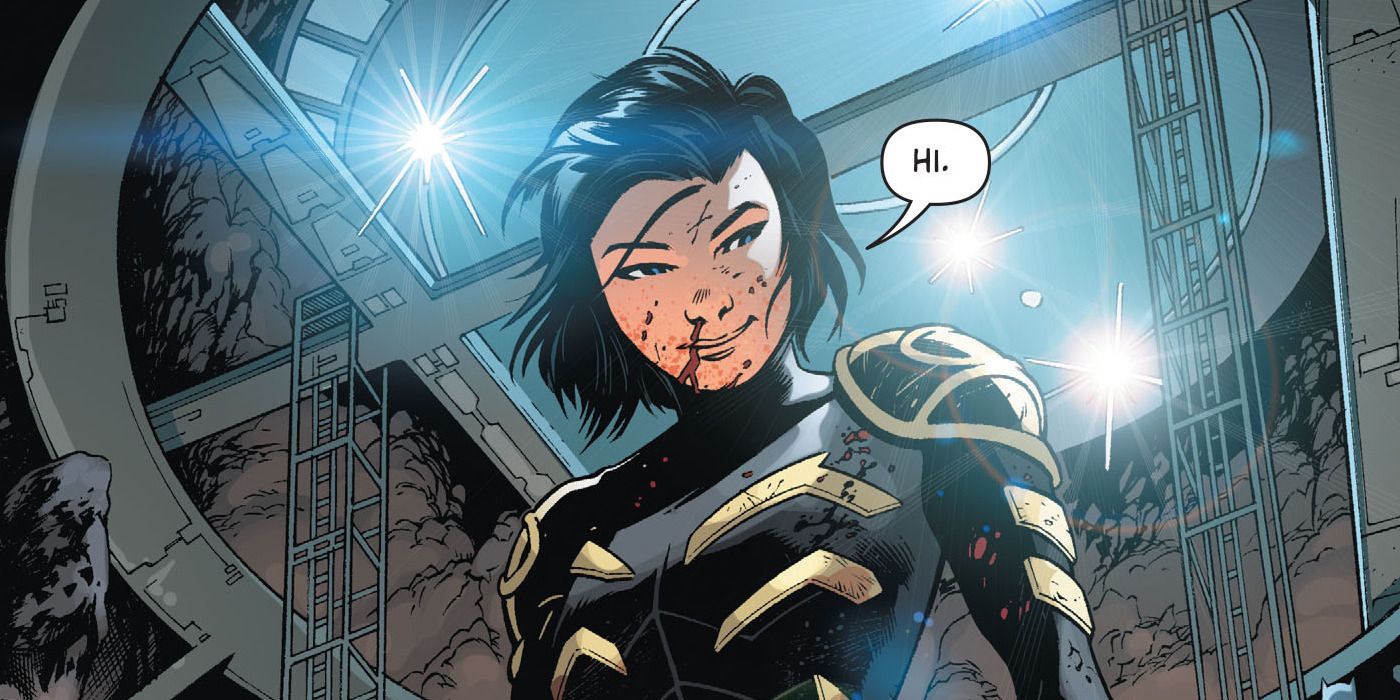 A bruised Cassandra Cain looks down at someone and says Hi