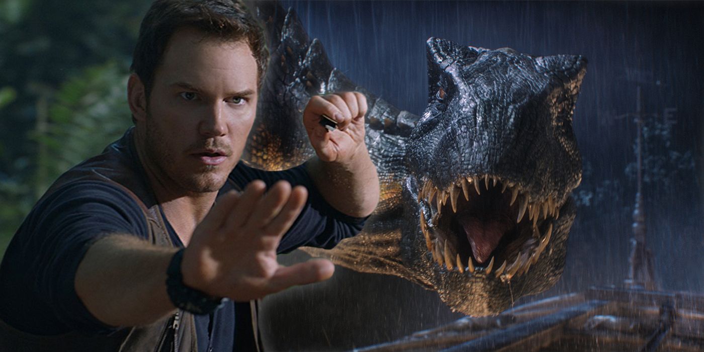 Chris Pratt in Jurassic World: Fallen Kingdom with dinosaur in background