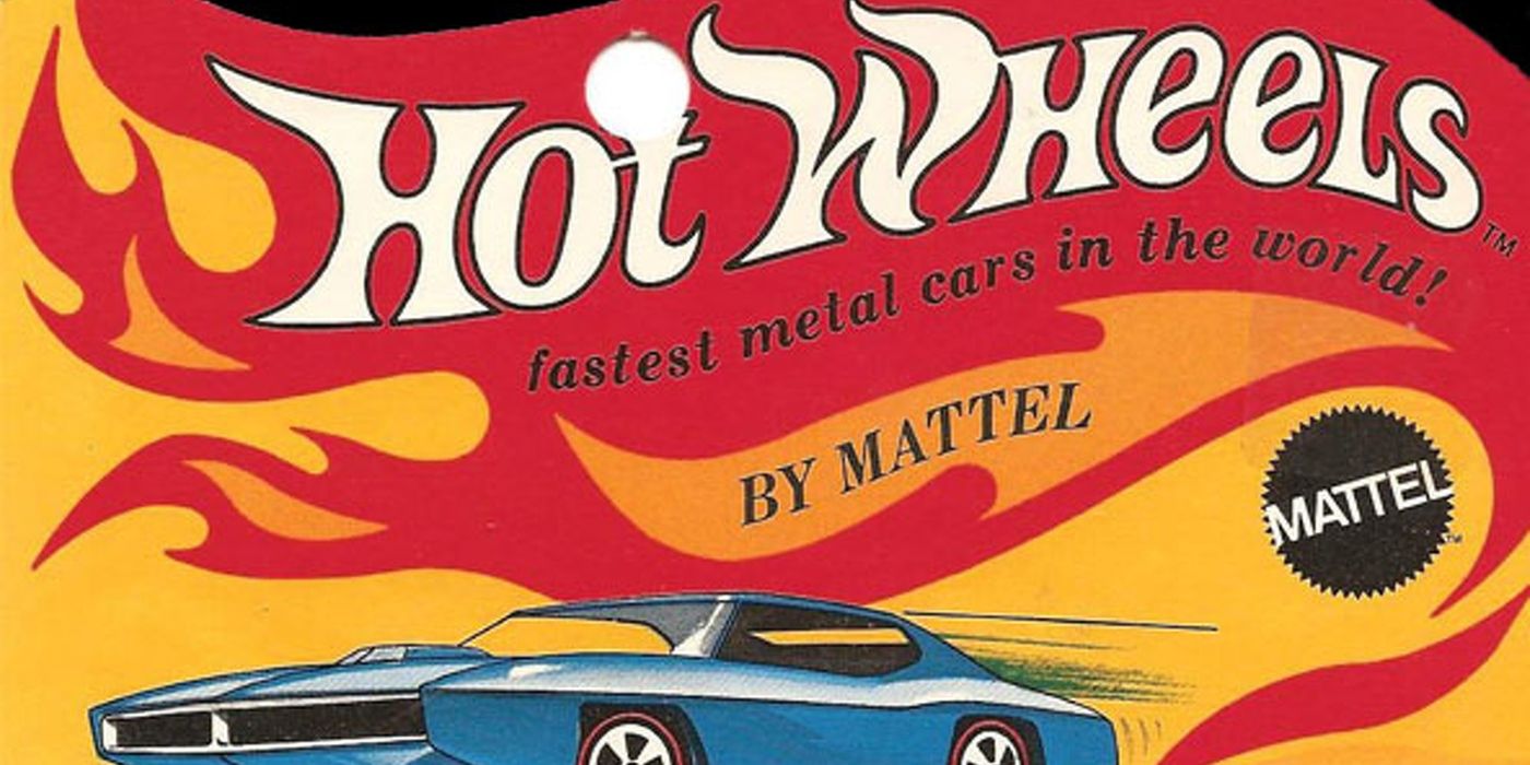 A classic Hot Wheel ad features the brand logo in flames over a blue car with the Mattel logo on the side of the illustration
