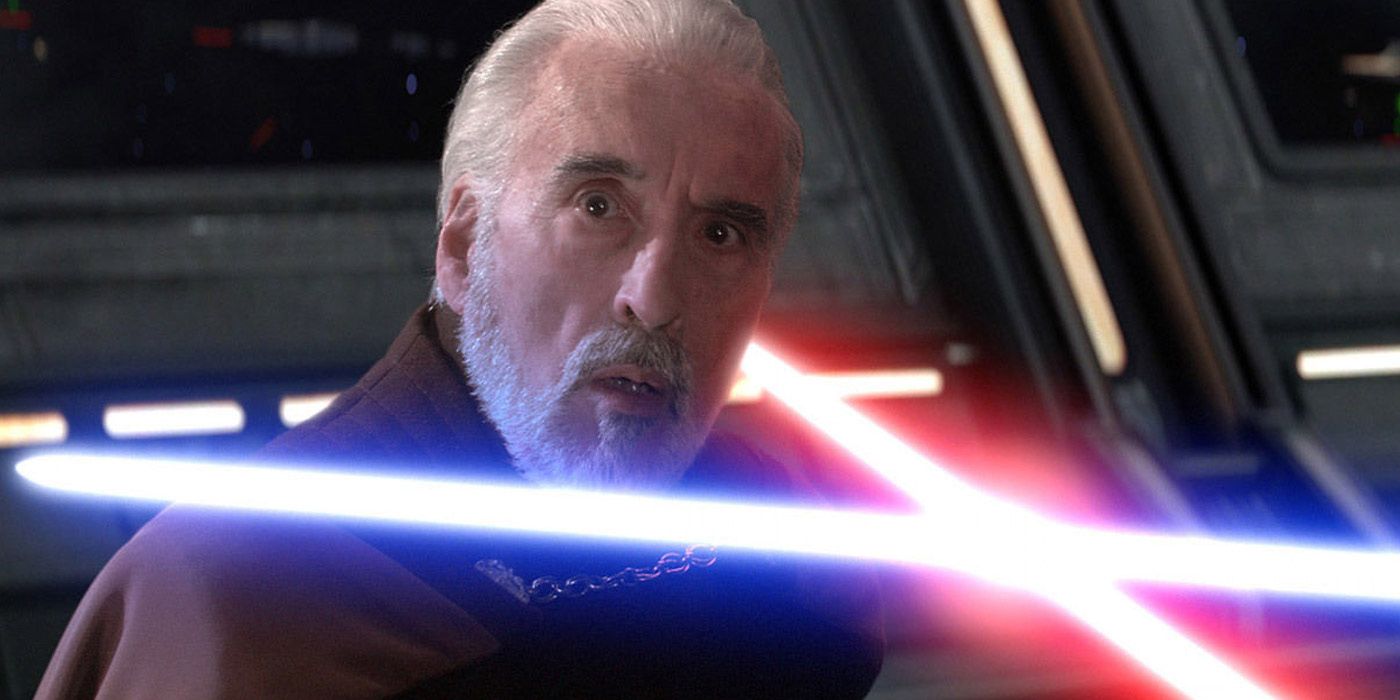 Count Dooku surrounded by lightsabers