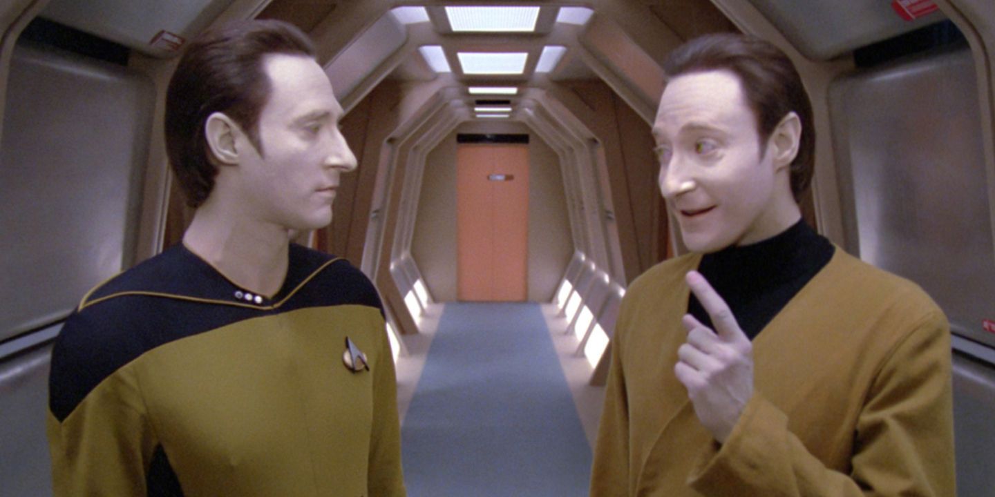 Data and Lore talk in the Enterprise hallway from Star Trek TNG