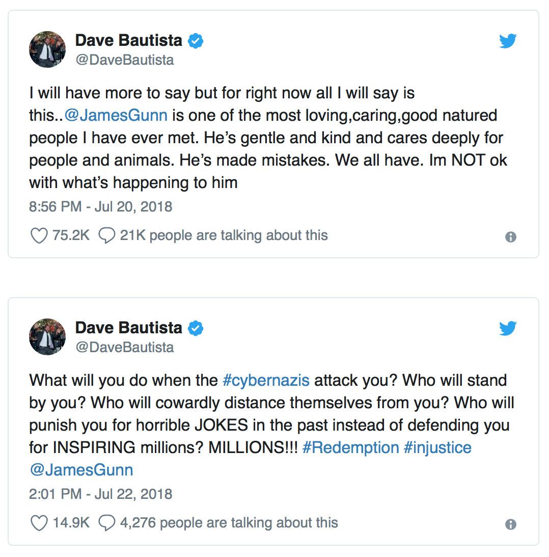 Dave Bautista James Gunn tweet
