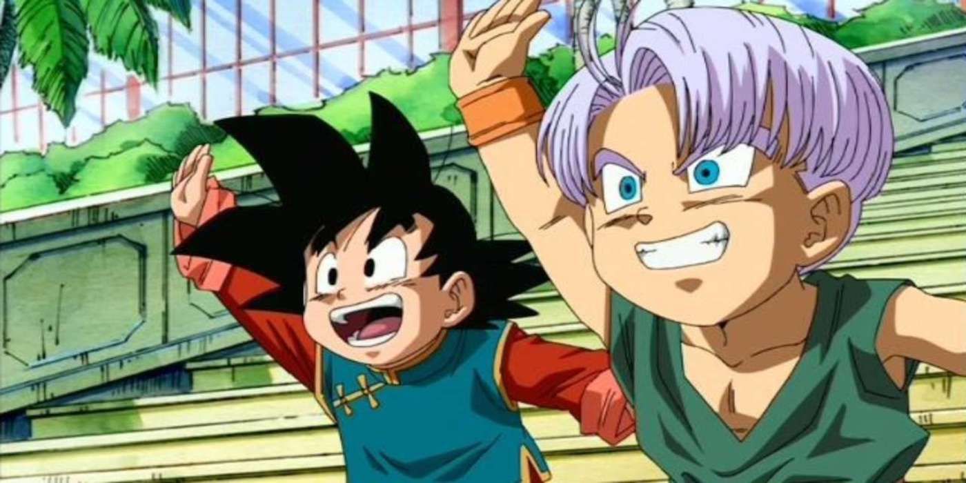 Goten and Trunks raising their hands Excitedly in Dragon Ball.