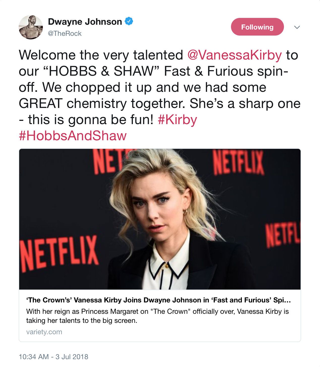 Dwayne Johnson Fast and Furious Vanessa Kirby tweet