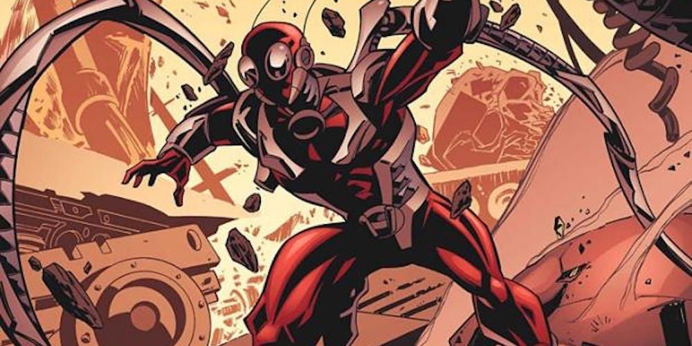 Eric O Grady as Ant Man with mechanoid arms leaps through a chaotic background