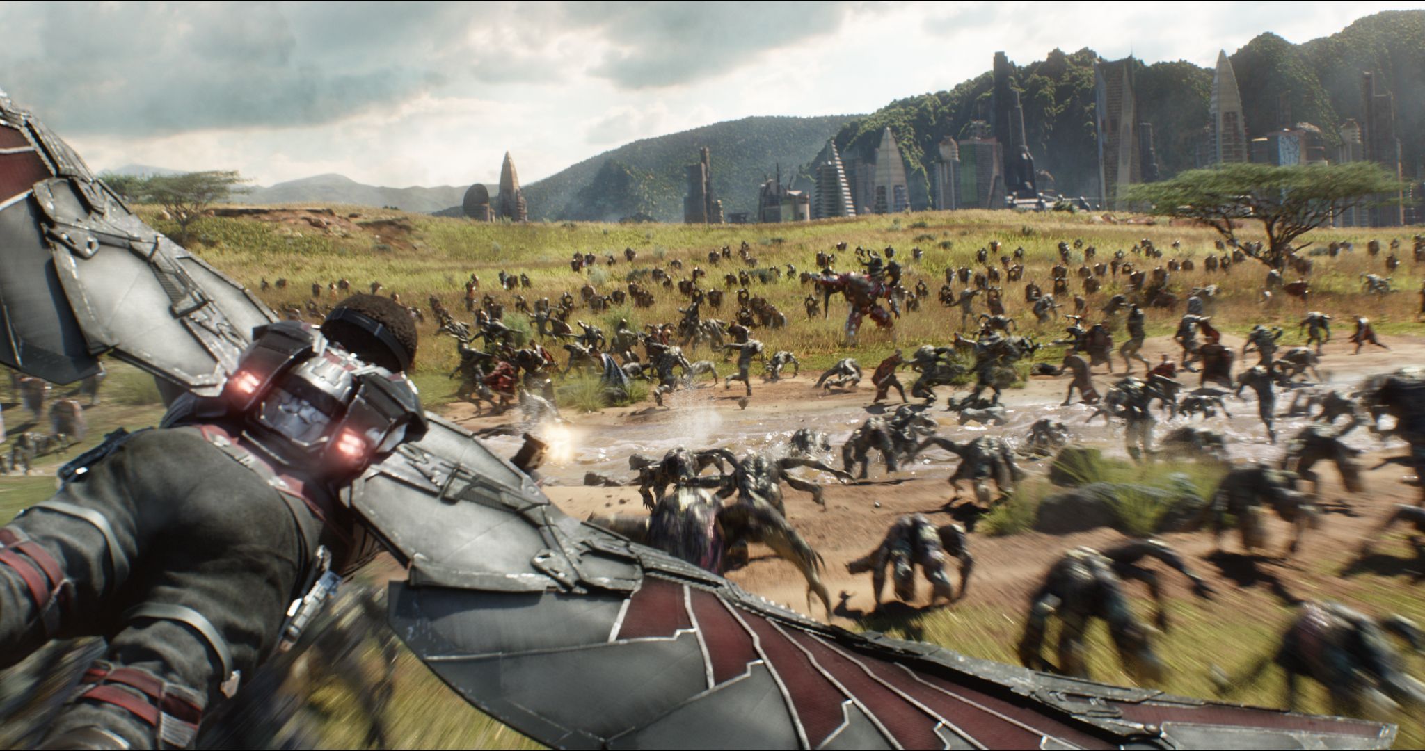 Falcon flies over Avengers Infinity War Wakanda Battle with Outriders