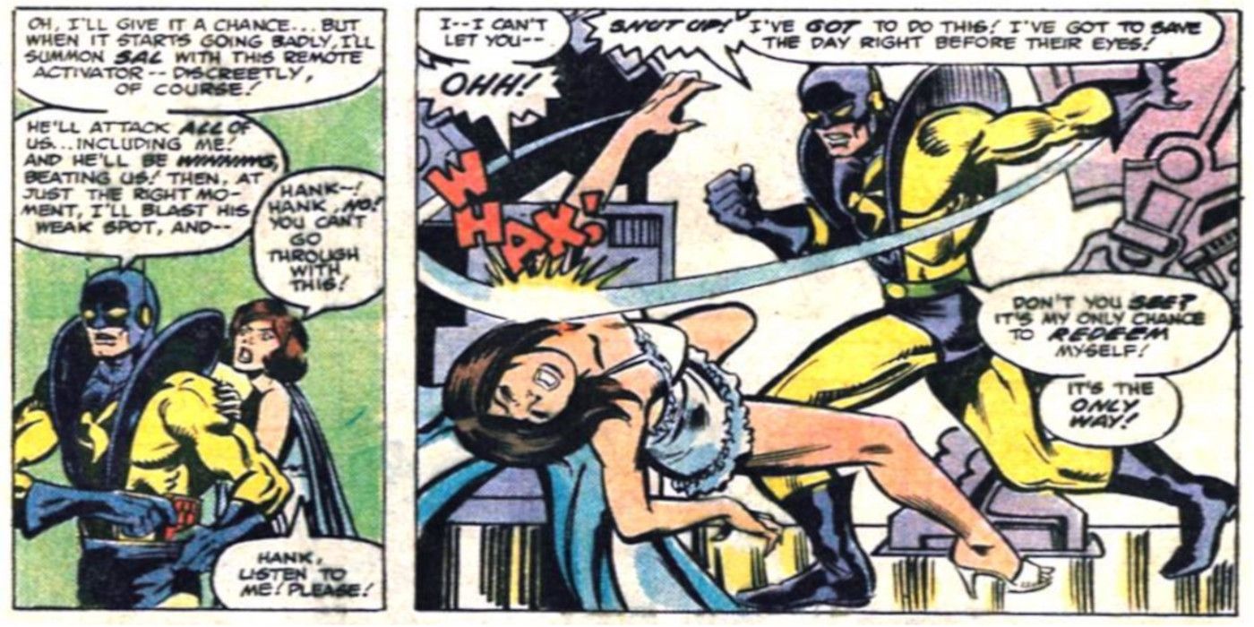 Hank Pym as Yellowjacket hits Janet Van Dyne in the comics