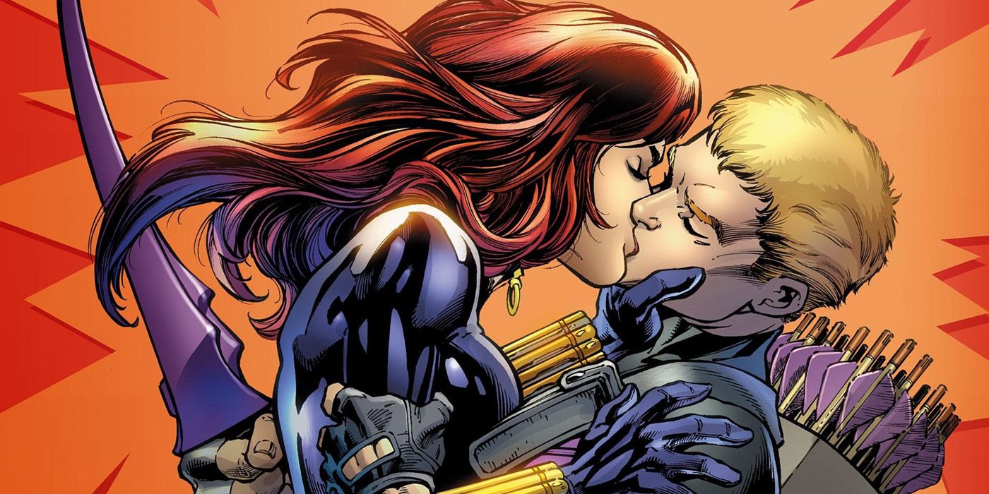Black Widow kisses Hawkeye in Marvel Comics
