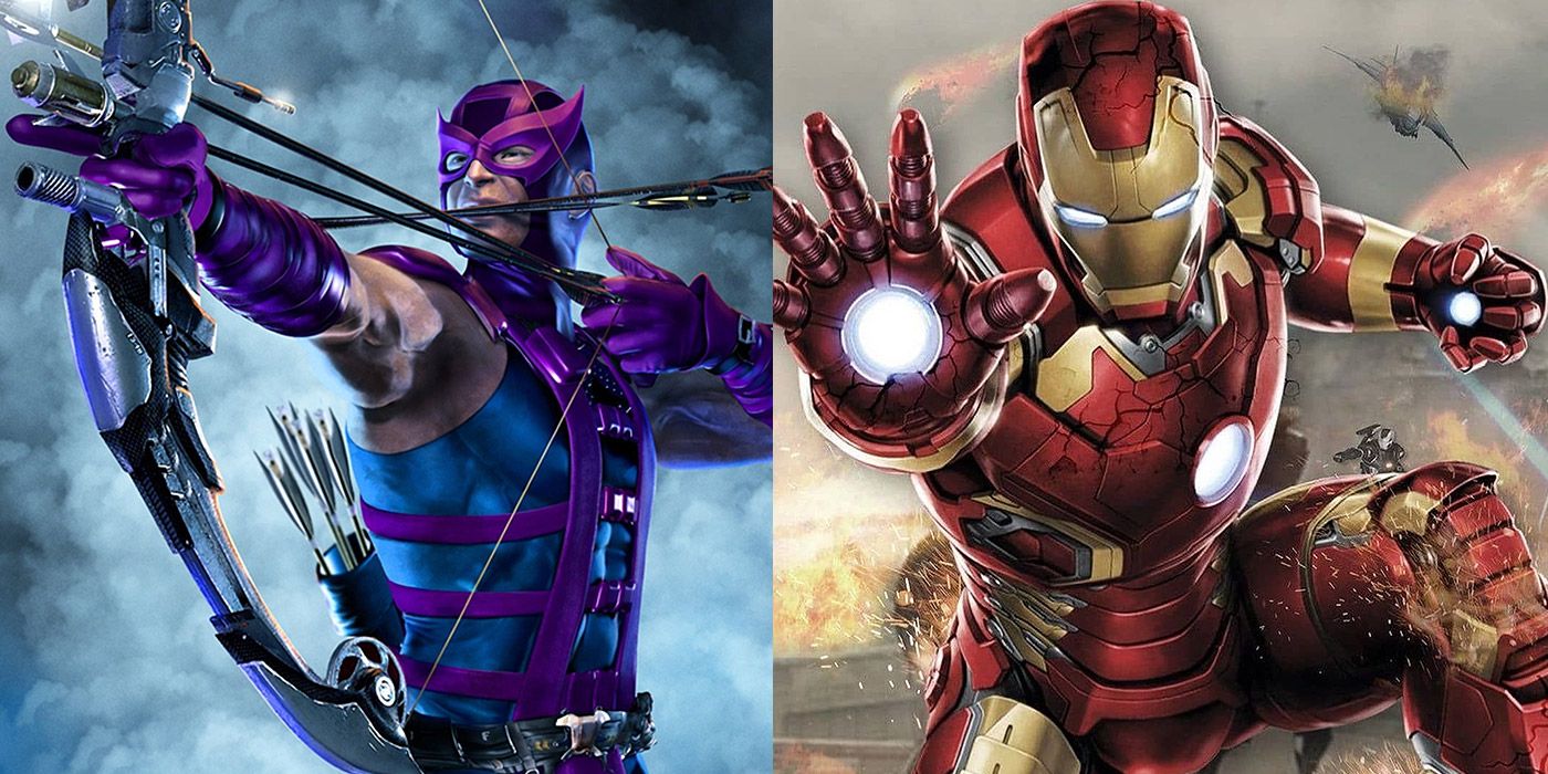 Split image of Hawkeye and Iron Man from Marvel Comics