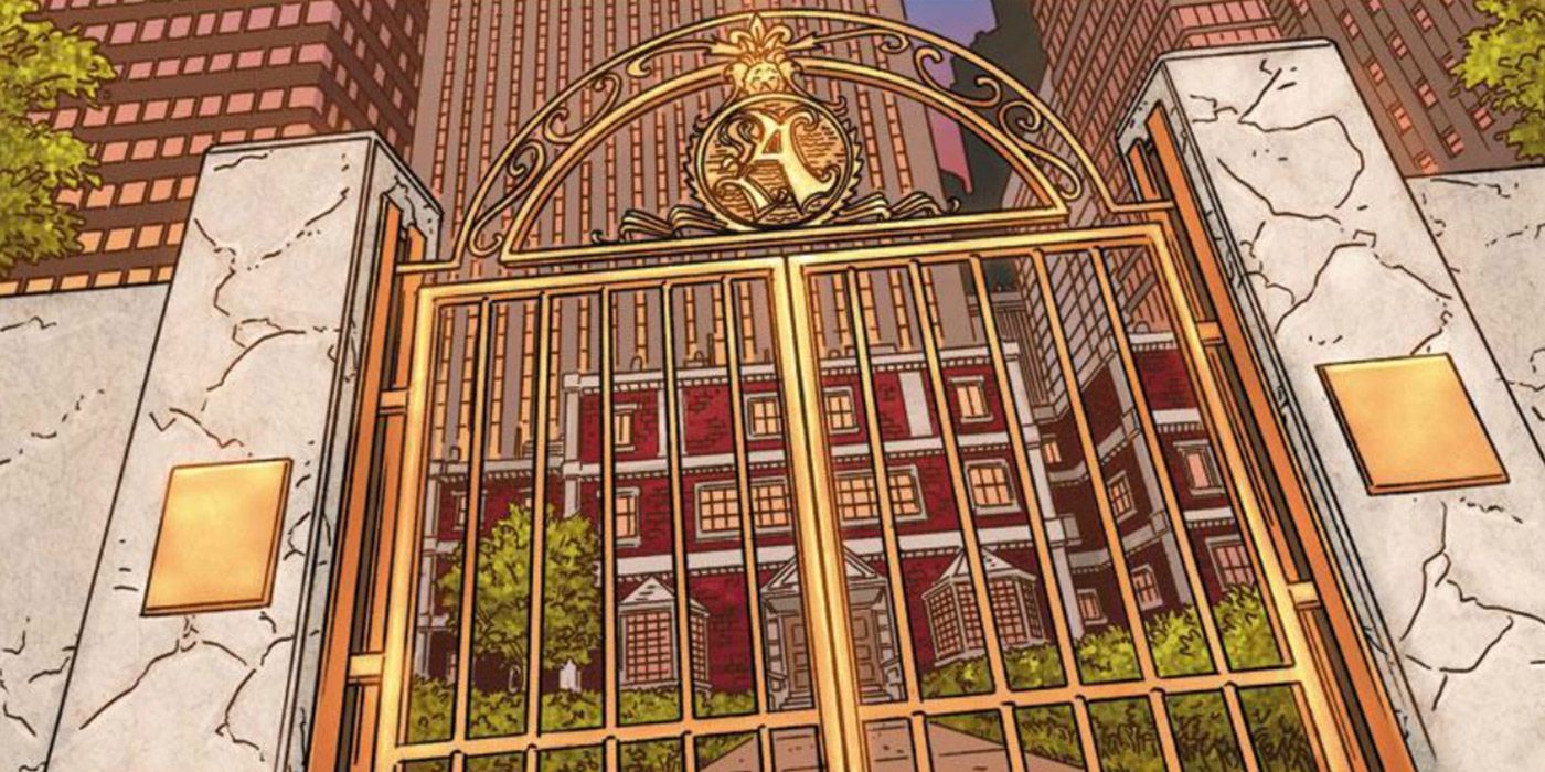 The front gate of the Avengers mansion in Marvel Comics