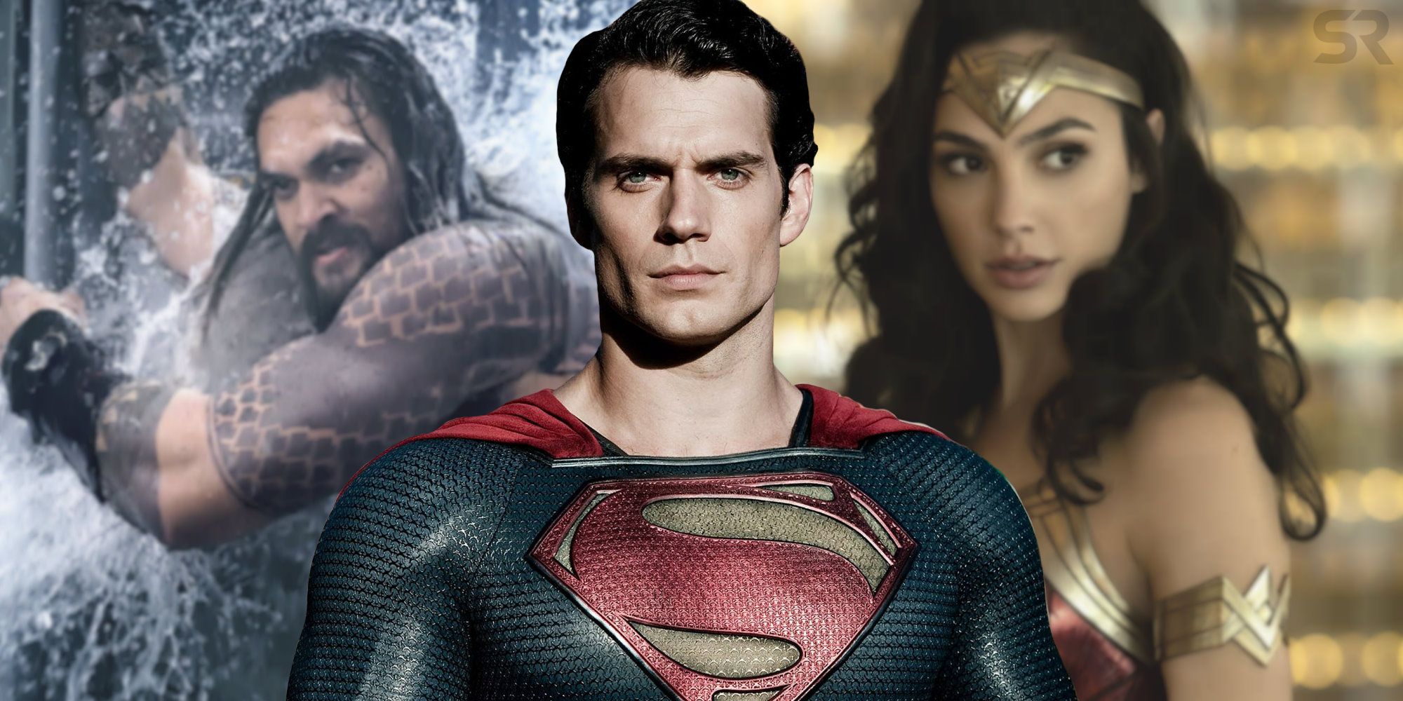 Jason Momoa as Aquaman, Henry Cavill as Superman, and Gal Gadot as Wonder Woman