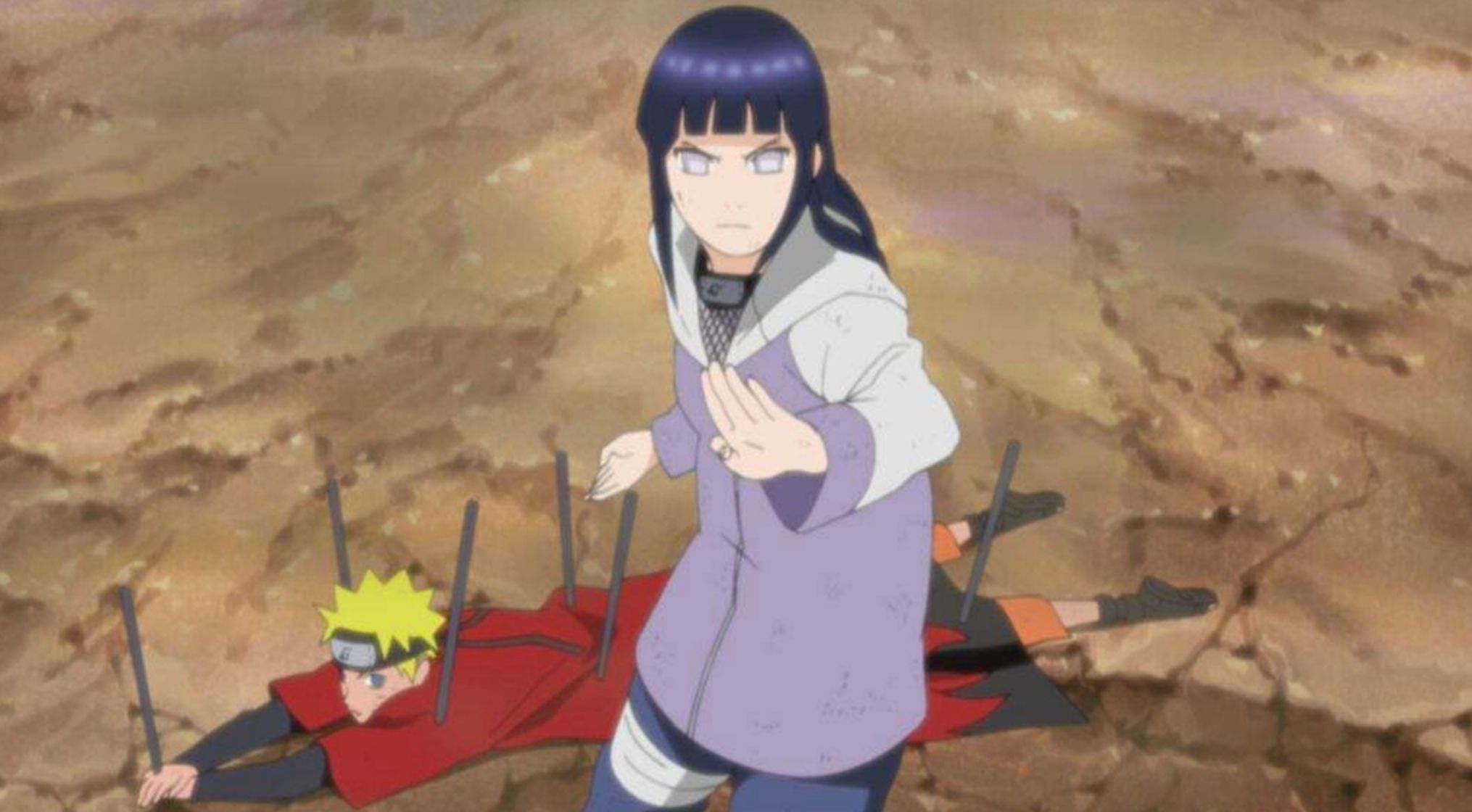 Hinata Protects Naruto While Pain Pins Him With Chakra Rods