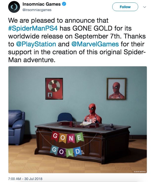 Insomniac Games Spider-Man PS4 tweet