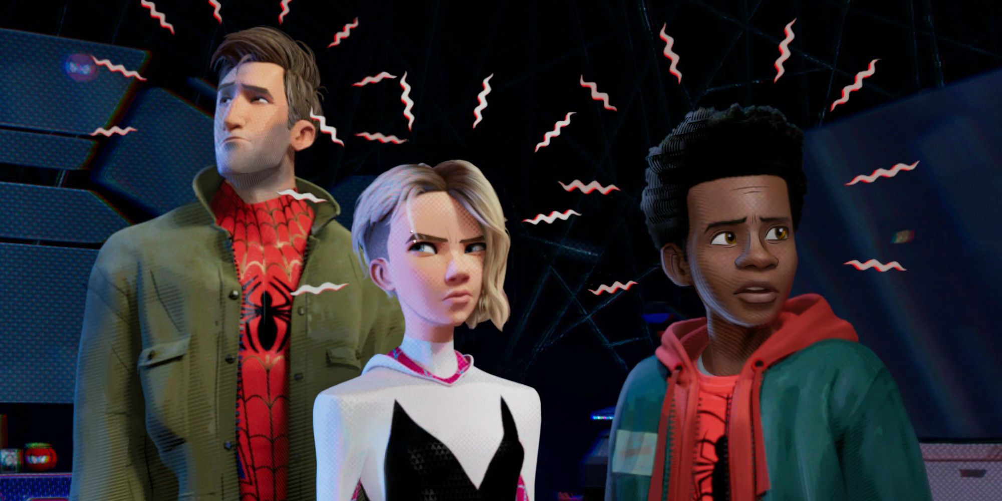 Peter, Gwen, and Miles getting their Spidey senses in Spider-Man: Into the Spider-verse.