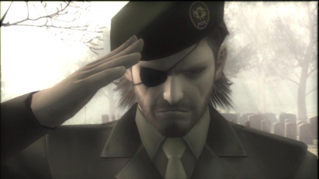 Image of Naked Snake in military uniform saluting the gravesite of The Boss in Metal Gear Solid 3: Snake Eater.