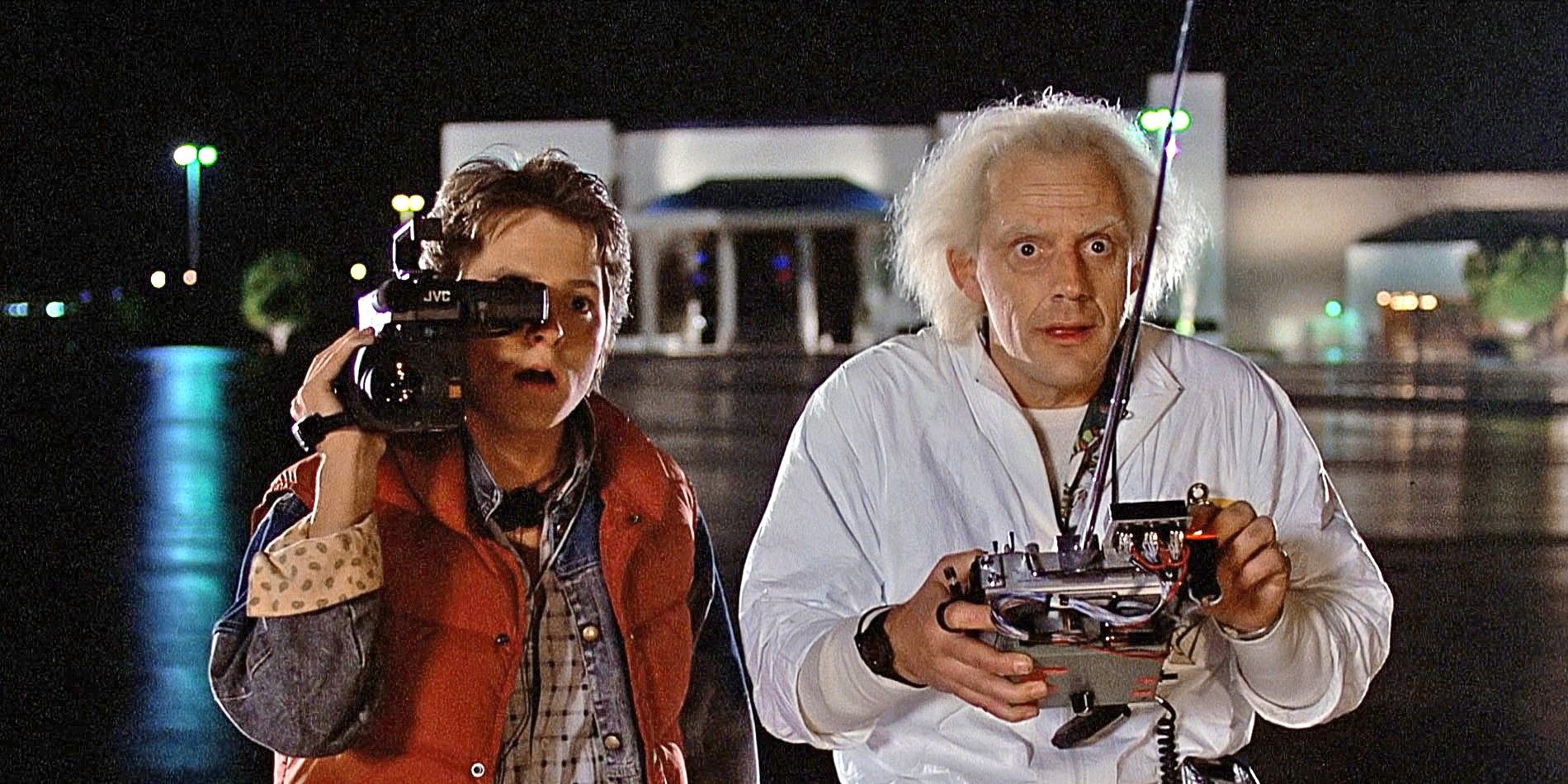 Michael J Fox as Marty McFly and Christopher Lloyd as Doc Brown in Back To The Future
