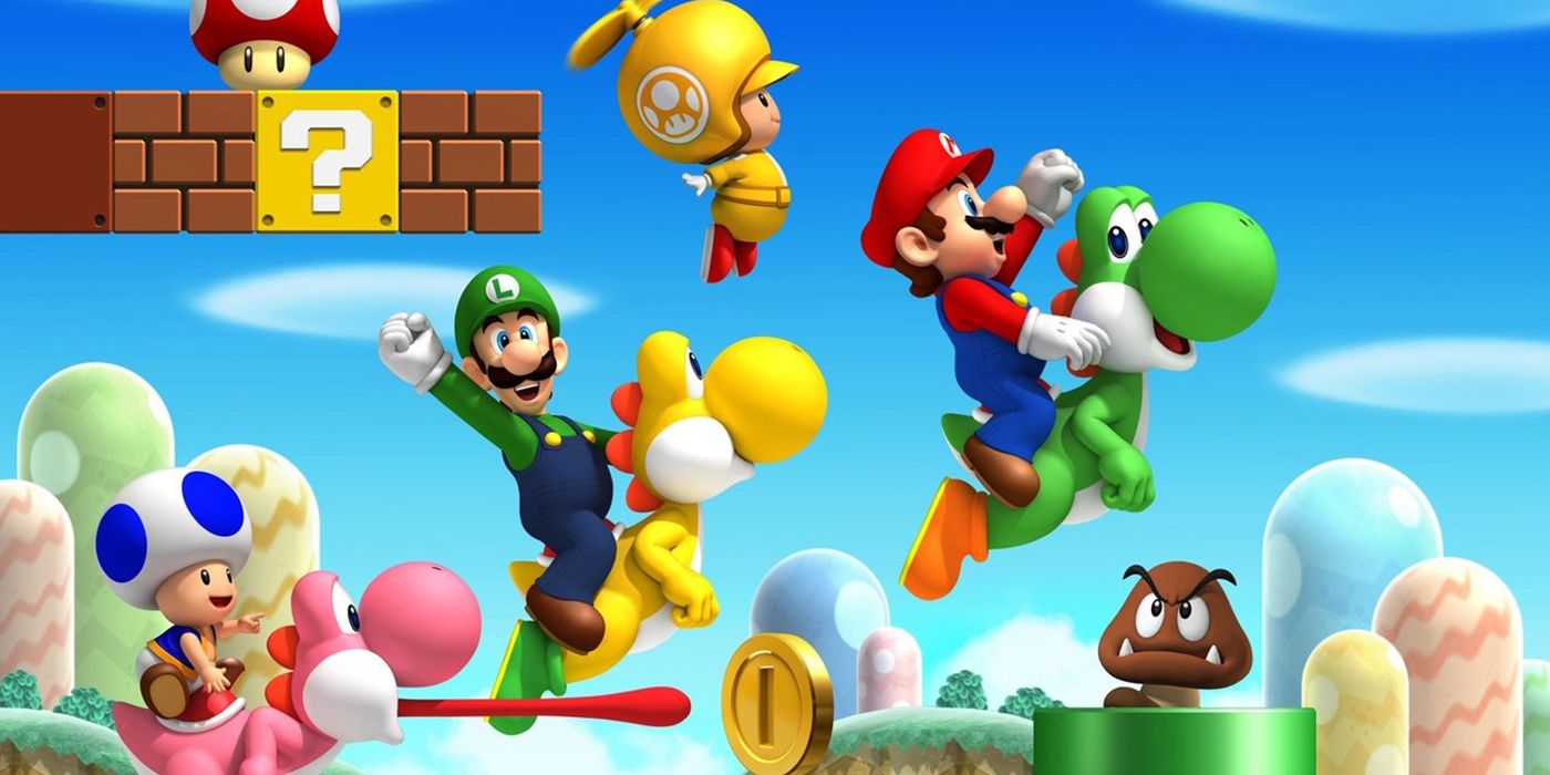 Toad, Luigi, and Mario riding multi-colored Yoshis in New Super Mario Bros