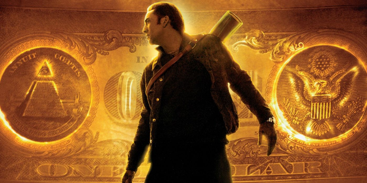Nicolas Cage as Ben Gates standing dramatically in silhouette against a glowing one dollar bill in a promo image for National Treasure