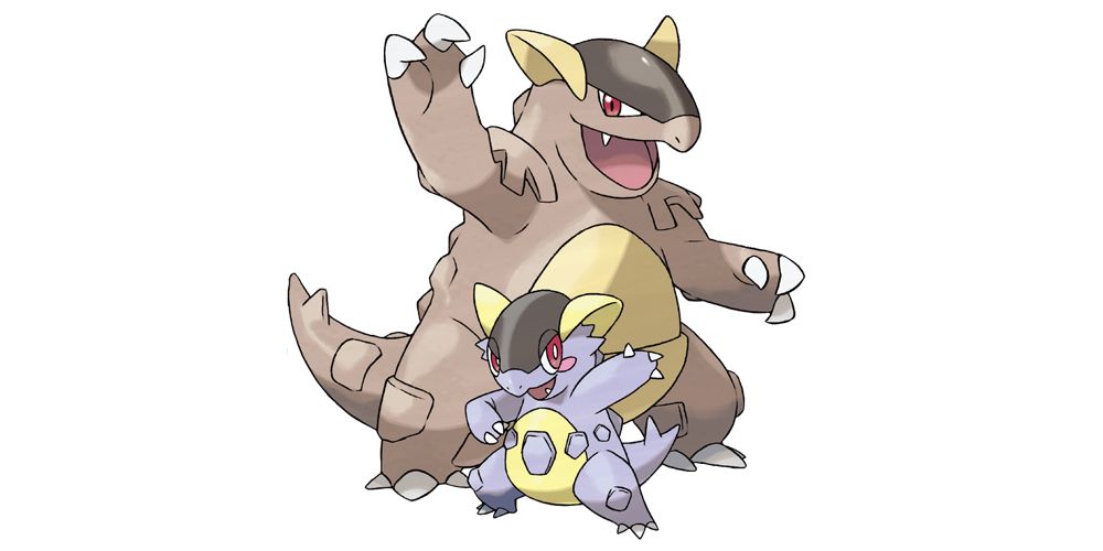 mega Kangaskhan and her offspring posing in front of a white background