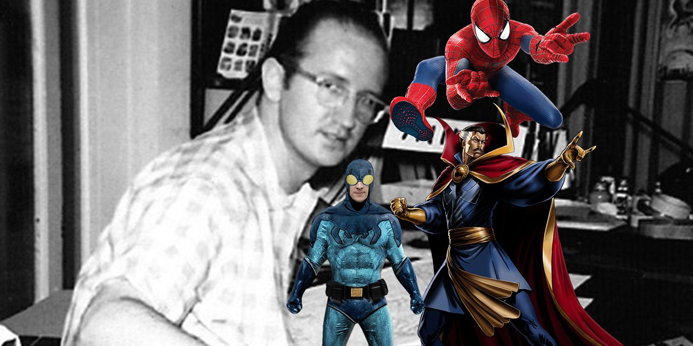 Image of Steve Ditko along with Spider-Man, Dr. Strange and Blue Beetle