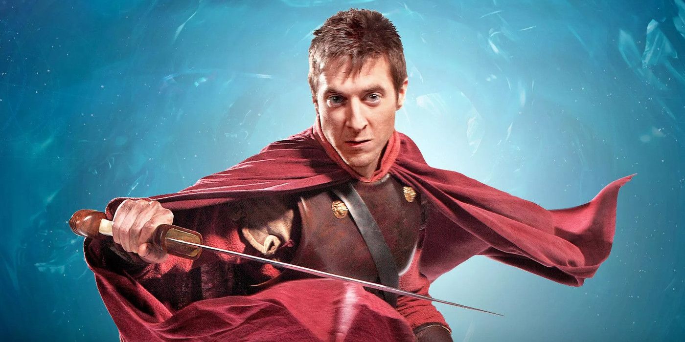 Rory Williams holding onto a sword while wearing a red cape in Doctor Who