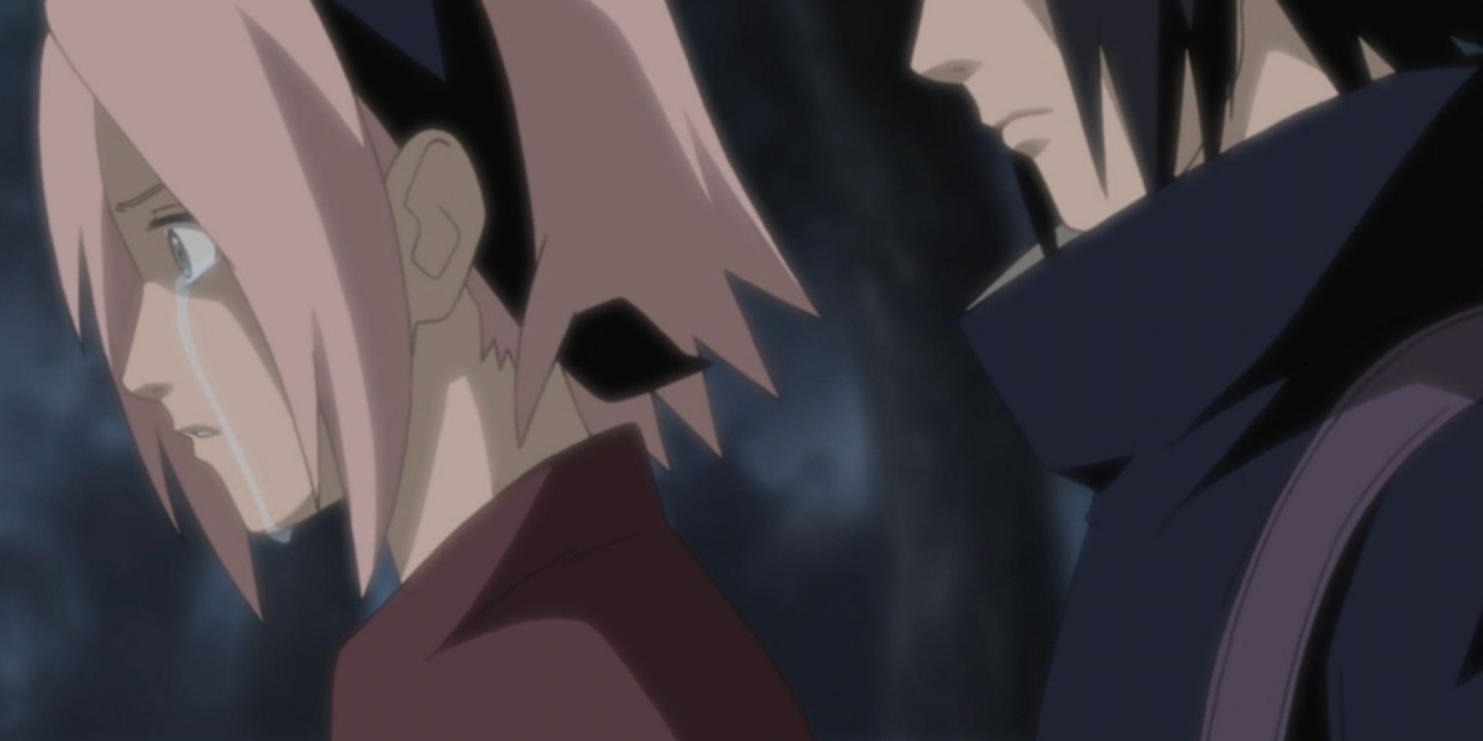 Sakura cries while Sasuke stands behind her in Naruto