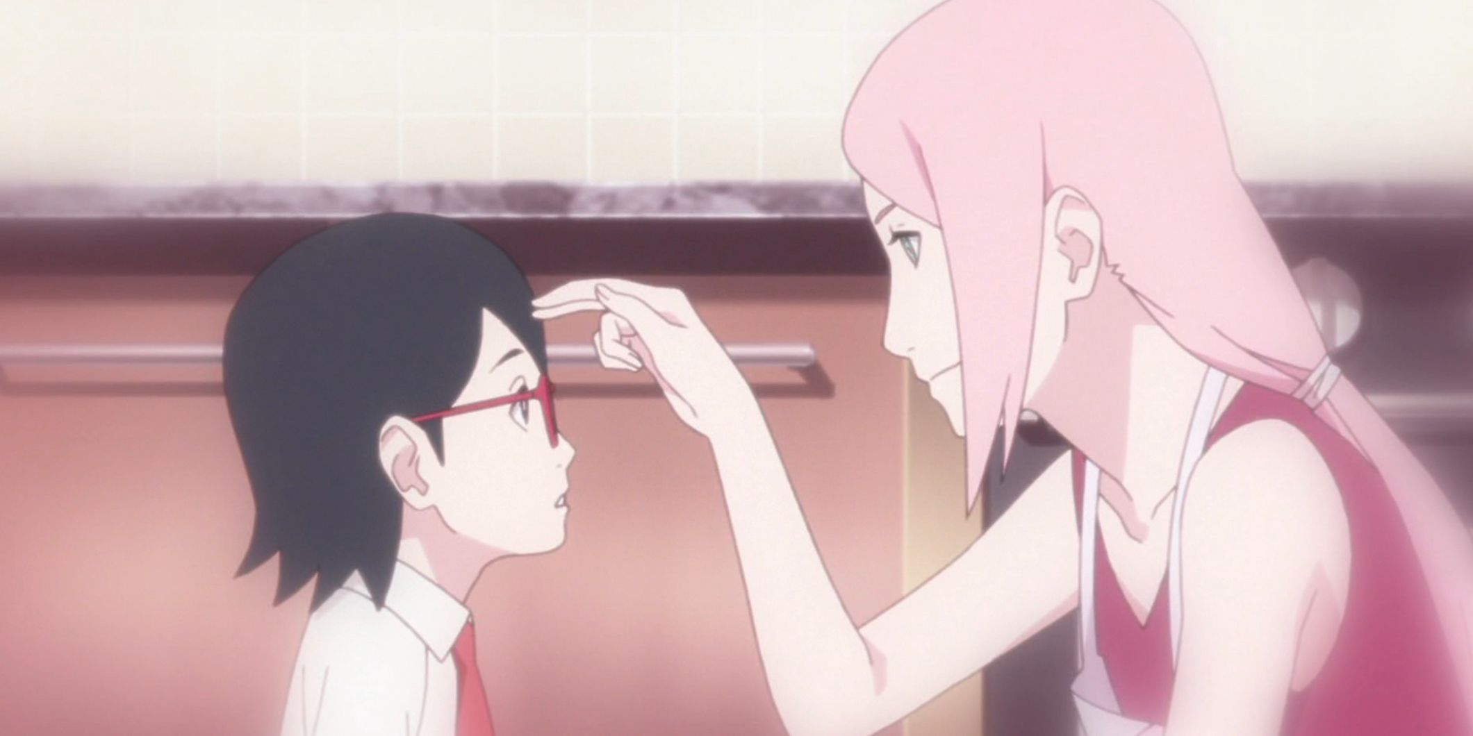 Sakura pokes Sarada in the forehead in a Boruto flashback