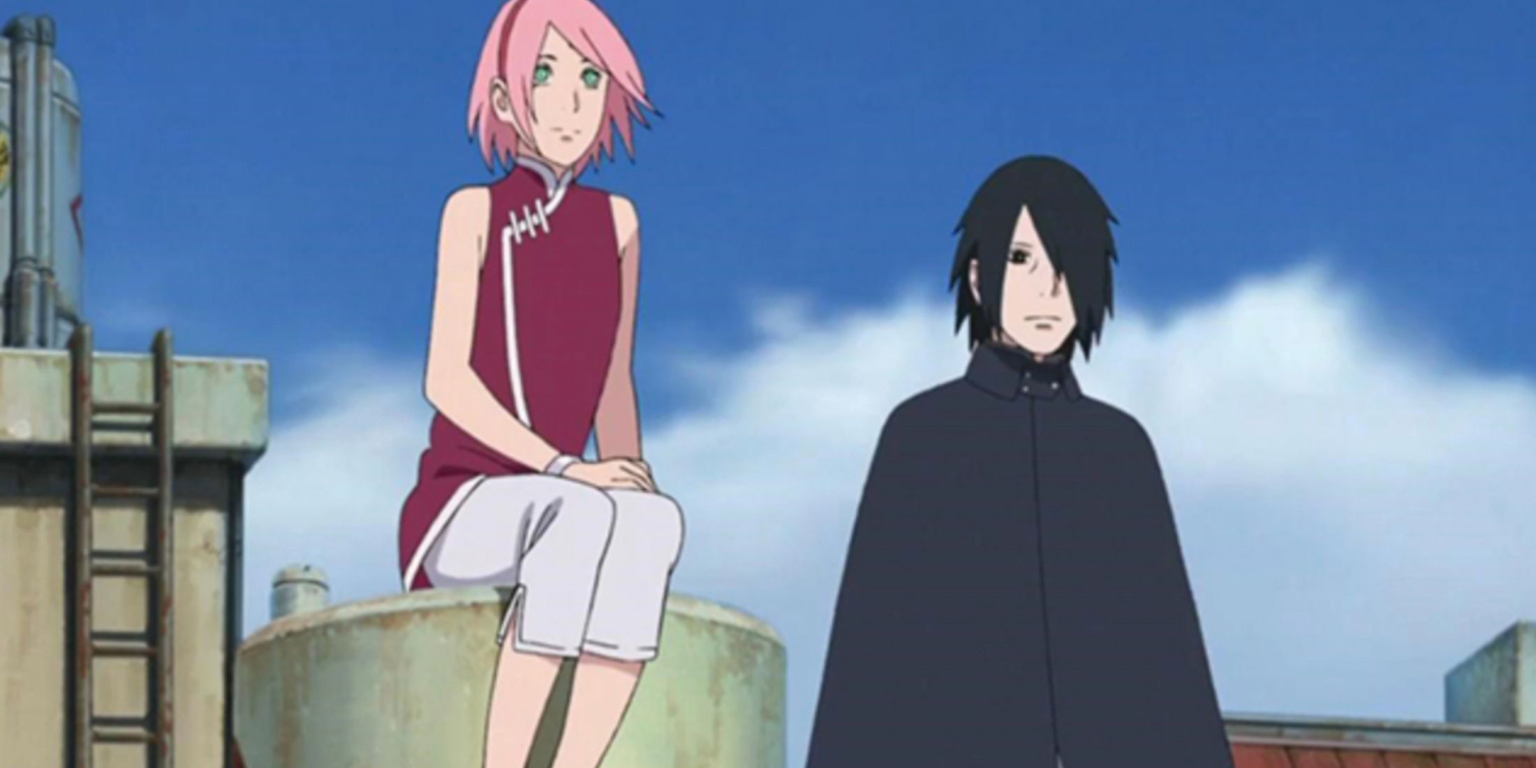Sakura sits while Sasuke stands in Boruto