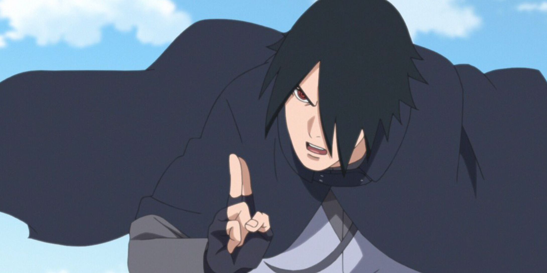 Sasuke appears angry as he points with two fingers in Boruto