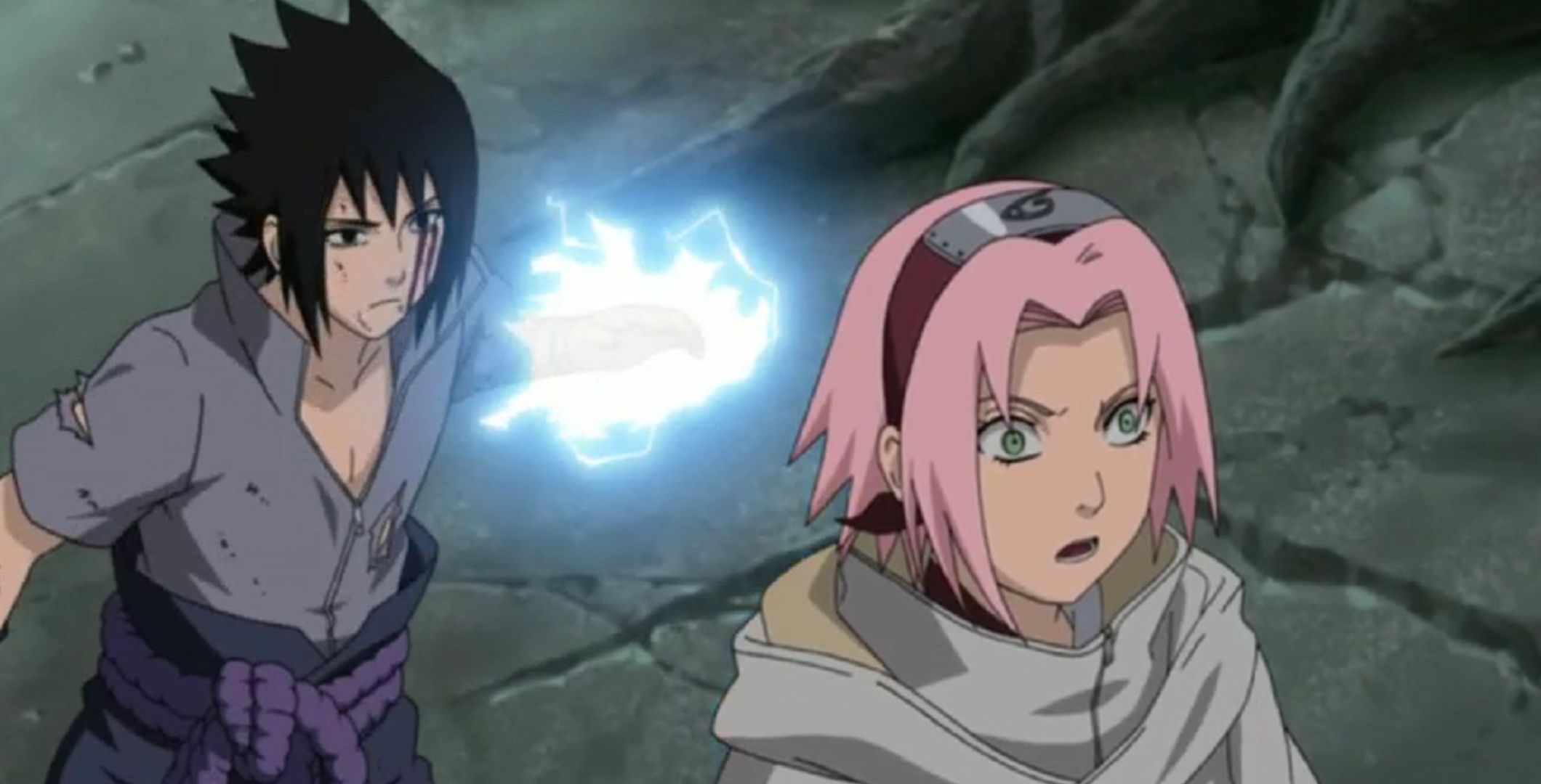 Sasuke comes up behind Sakura with lightning in Naruto Shippuden