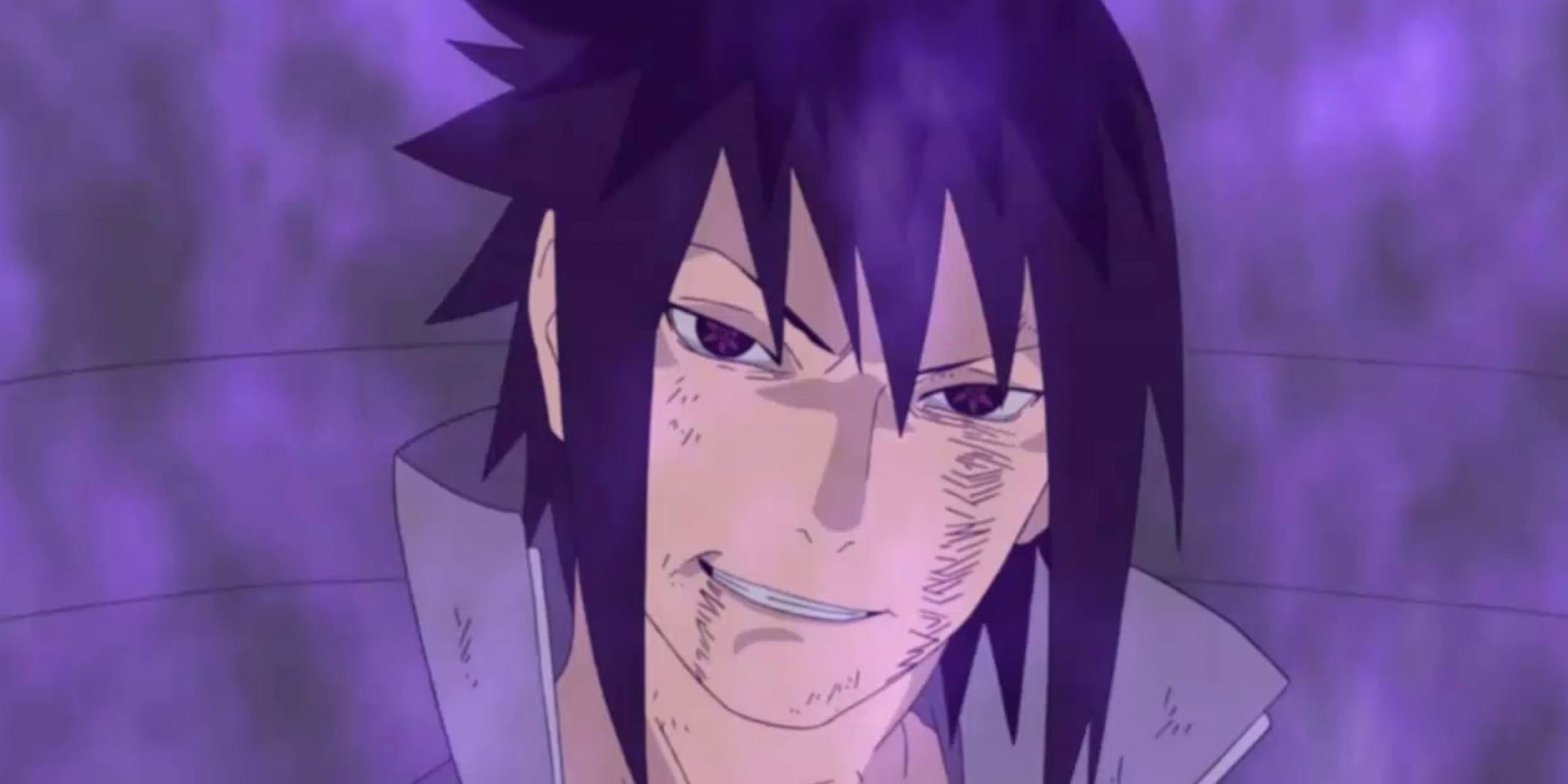 Sasuke smiles evilly amid a purple haze in Naruto Shippuden