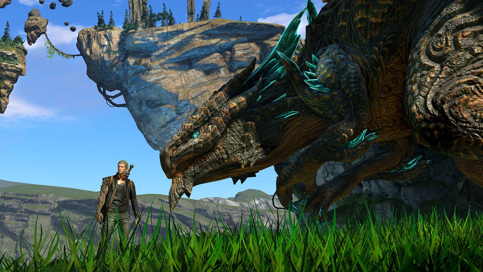 The main character stands beside their dragon in the canceled game Scalebound