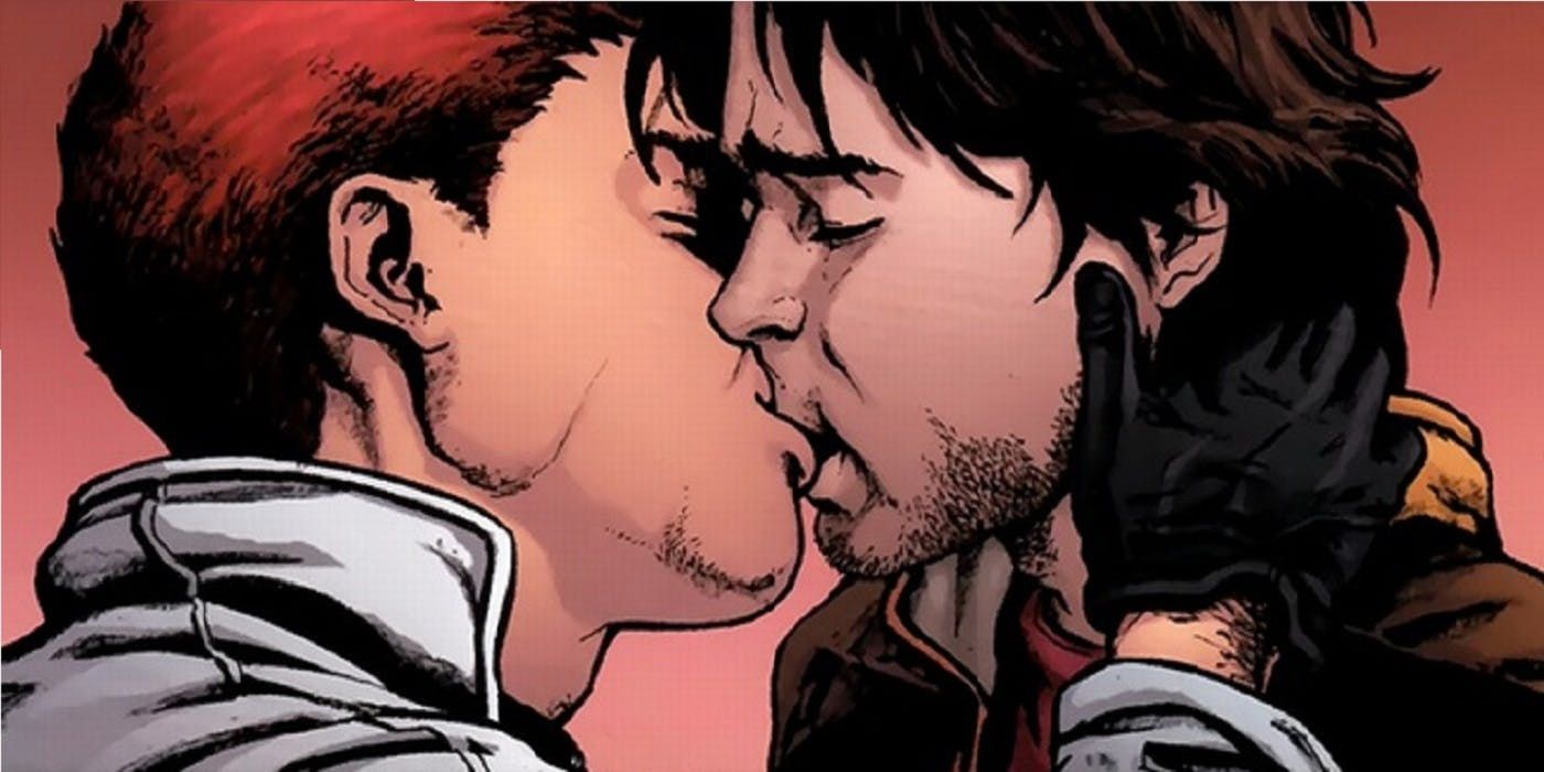 Rictor and Shatterstar kiss in Marvel Comics.
