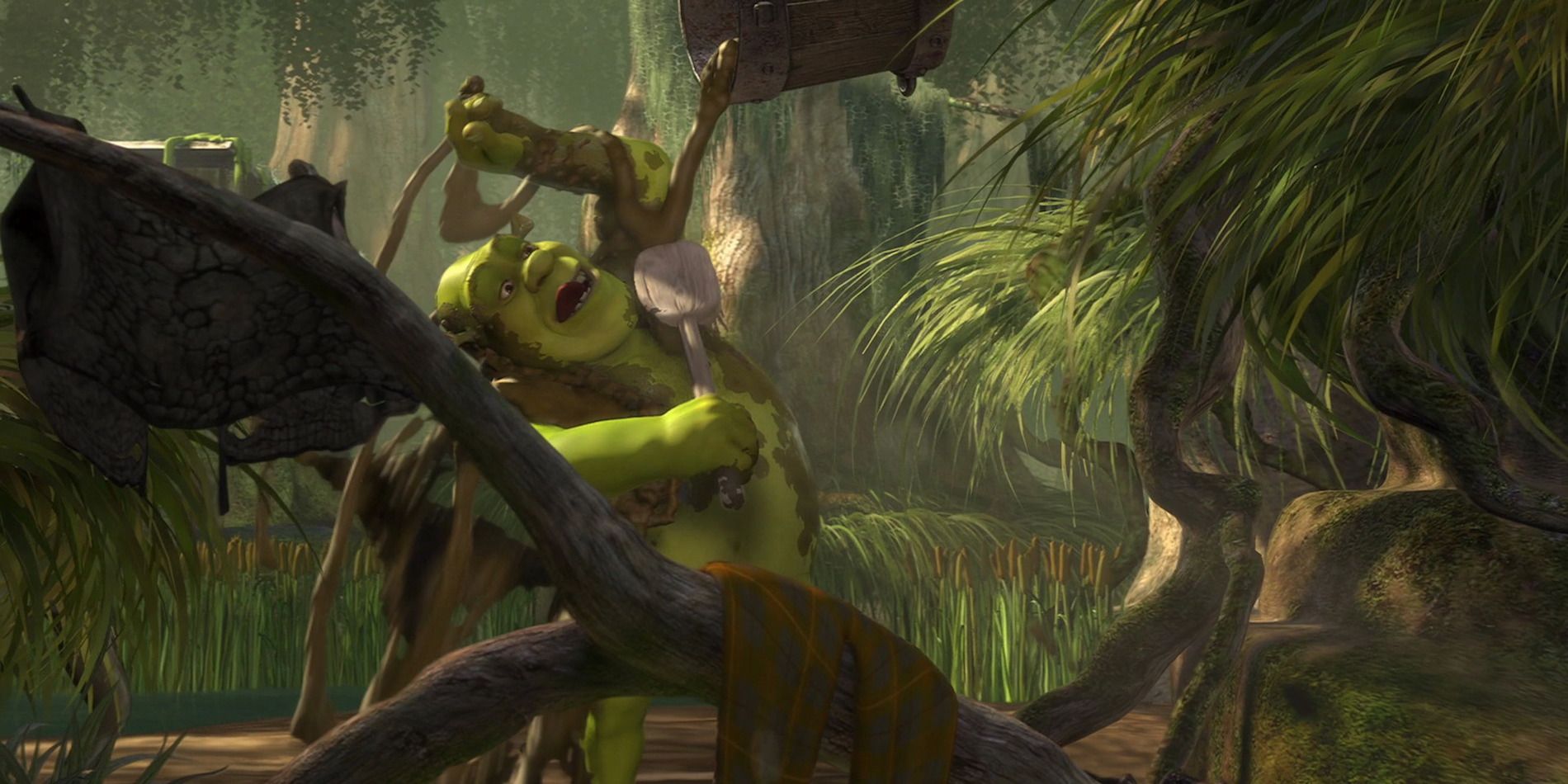 Shrek tomando banho de lama no filme Shrek original.