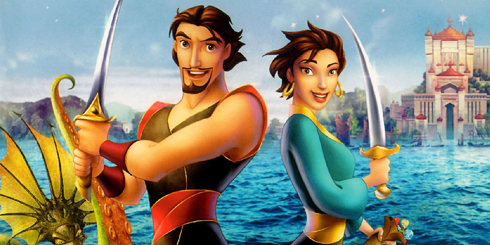 Image of Sinbad: Legend of the Seven Seas with characters holding swords and smiling.