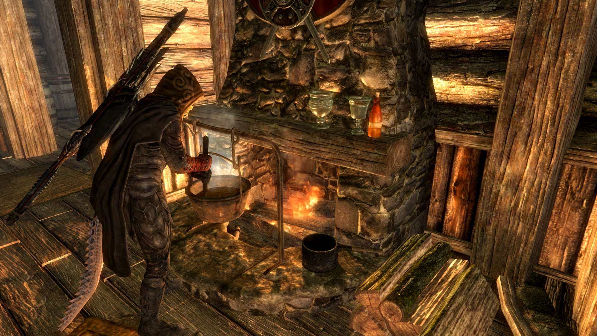 Un personnage cuisinant dans une marmite dans Skyrim.