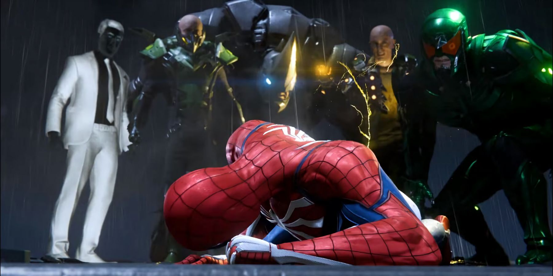The Sinister Six swarm on Spider-Man