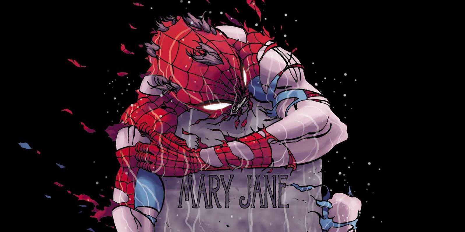 Spider-Man hugging Mary Jane's tombstone in Marvel Comics.