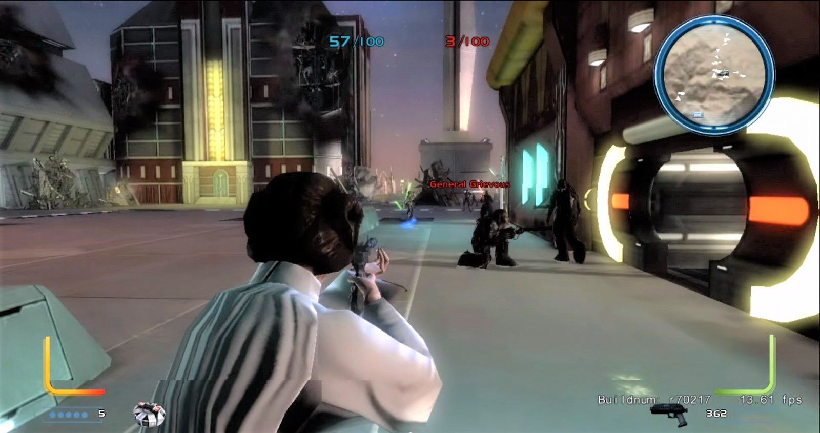 third person perspective of princess leia aiming weapon in star wars battle arena