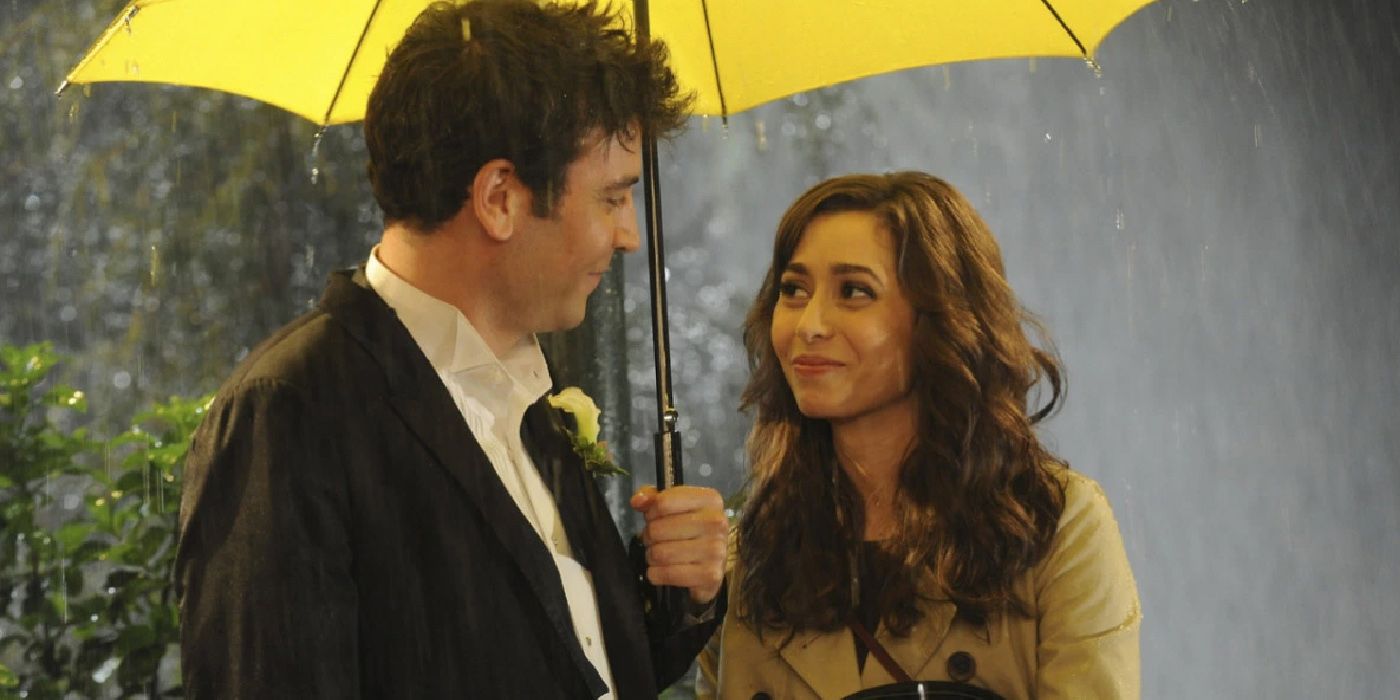 Ted and Tracy with the yellow umbrella in How I Met Your Mother
