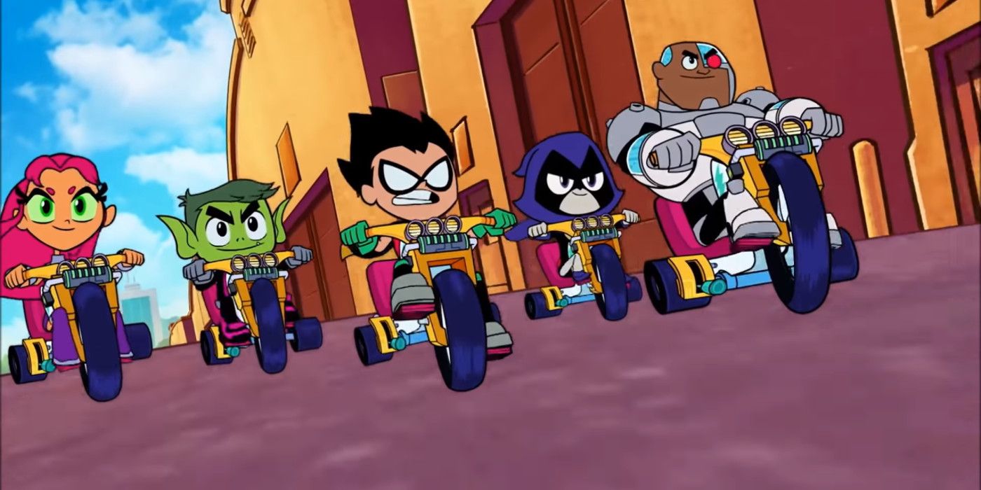 The heroes ride tricycles in Teen Titans Go! To The Movies