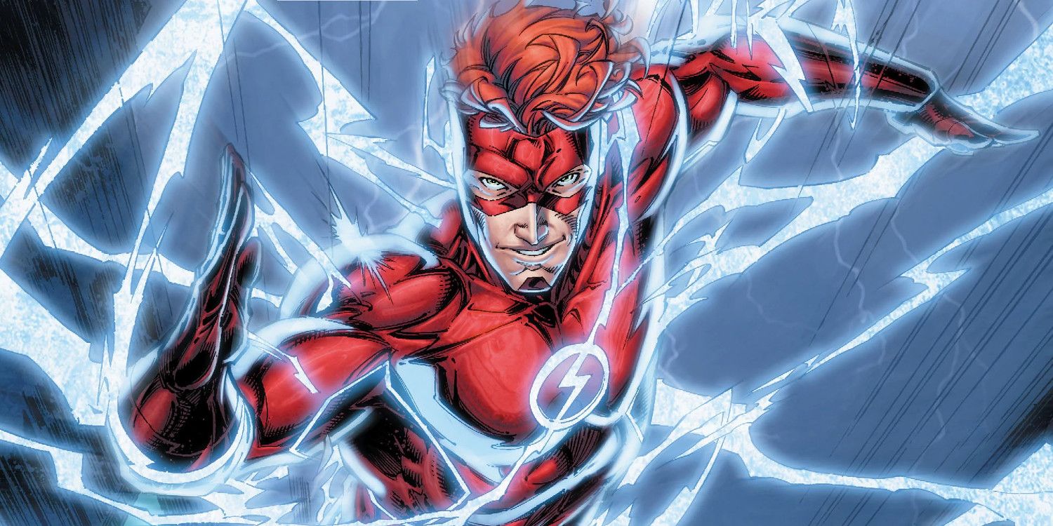 Wally West as The Flash running with blue lighting bolts surrounding him.