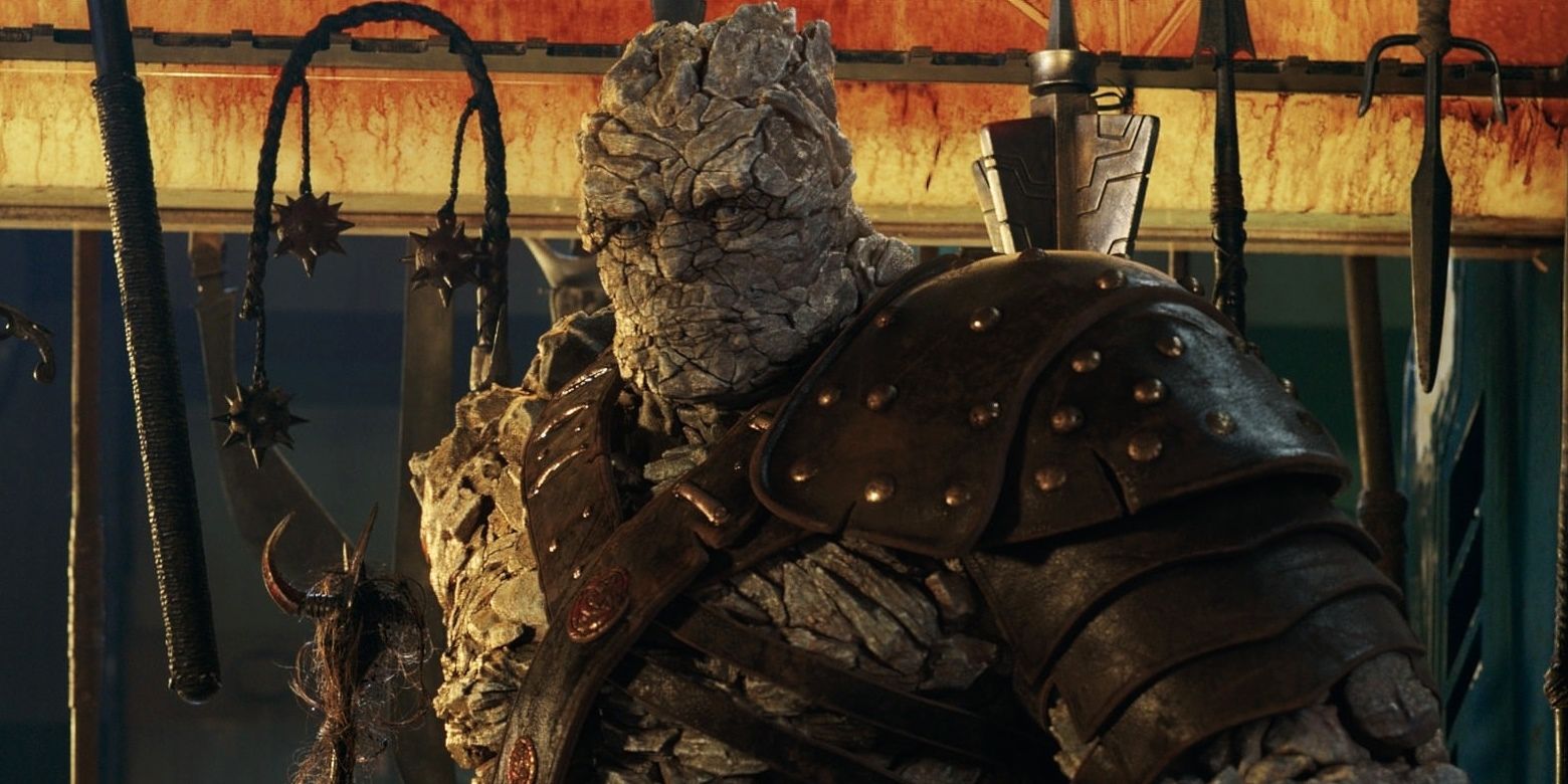 Korg standing in front of weapons in Thor: Ragnarok